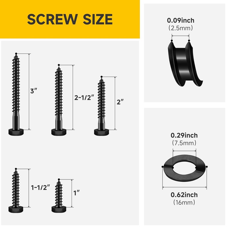 MYWISH 109Pcs 1/4" Hex Head Lag Screws Assortment Kit, Heavy Duty Lag Bolts with Washers, 304 Stainless Steel Bolts 18-8, 5-Size Wood Screws for Outdoor, Black Oxide 1/4 Bolt - Image 2